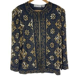 Vintage 80s Scala Jacket Women's Large Black Silk Gold Beaded Evening Party